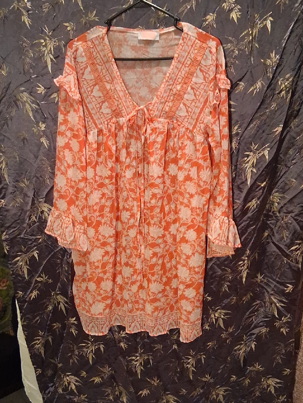 Boho Floral Tie-Front Swim Coverup in Orange and Cream
